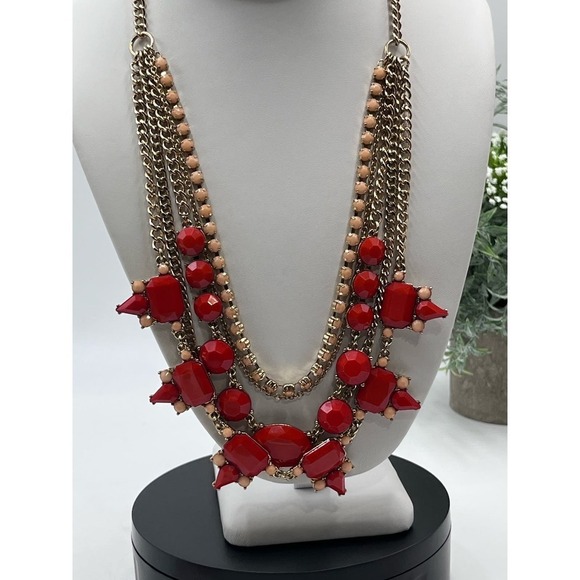 J. Crew Red Pink Peach Gold Tone Layered Multi Strand Rhinestone Necklace - Picture 12 of 14